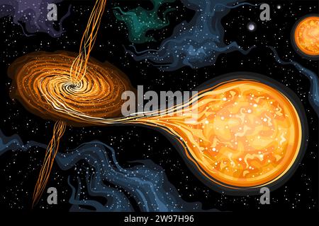 Vector illustration of Black Hole, astronomical horizontal poster with turning black hole devouring giant extraterrestrial star in deep space, decorat Stock Vector