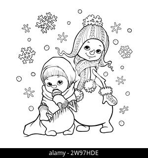 Hand drawn coloring page with two cute cartoon snowmen girls in knitted hats and mittens surrounded by snowflakes. Stock Photo