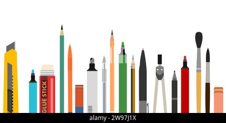Pencils and stationery. Horizontal seamless composition. Isolated on white background. Funny cartoon style. Picture vector Stock Vector