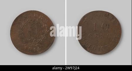 Ten centimes, emergency coin from Antwerp in the name of Napoleon, 1814 ,, 1814 coin. siege coin Bronze emergency coin. Front: Within a wreath of two tied branches letter N. at the top location designation: Anvers and below year. Reverse: Value designation: 10 cents. In two lines. Conversion: Monnaie Obsidionale. Antwerp bronze (metal) striking (metalworking) Stock Photo