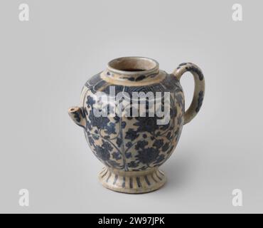 Winepot or kendi of Chinese porcelain from the wreck of the Dutch East Indiaman Witte Leeuw, anonymous, before 1613  Wijnkan from V.O.C. ship De 'Witte Leeuw', 99 saved. The shard is made of white porcelain and has no contamination. The wall has panels in relief, the foot is thick and outstanding. The jug has a slender, broken spout. On the other hand, a slim ear, walking from the abdomen to the shoulder. The glaze is thick and blue -tinted and knows crackelures and pinholes. The wall is decorated with six buildings with lottery branches, there is a labyrinth pattern on the shoulder. There are Stock Photo