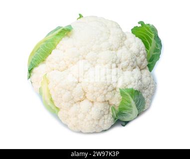 Single fresh ripe white cauliflower head with some green leaves is isolated on white background with clipping path. Organic vegetable, Concept of heal Stock Photo