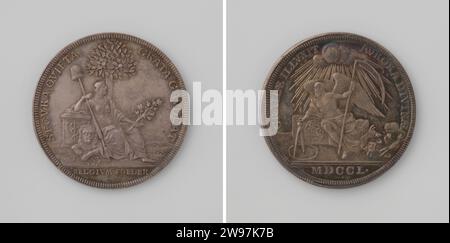 Start of the year 1750, Johan George Holtzhey, 1750  Silver medal. Front: Netherlands, depicted as a woman with freedom hat on lance and olive branch and sacrificial dish, is under fruit -bearing Oranjeboom; At her feet a lion with a bundle of arrows; With her right arm she leans on altar within Kantschrift; Cut: Inscription. Reverse: winged time with scyth in hand sits on a large suit, next to a stone with coat of arms on it; He draws a semicircle with a passer with a passer; On the right a torch, a dead beef, a yoke and other symbols of disaster in change; Cut: year Amsterdam silver (metal) Stock Photo