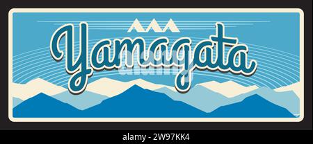 Yamagata tin vector plate, Japan prefecture sign. Japanese region vintage metal plate with territory silhouette, mountain peaks in snow. Asian trip memory retro sign Stock Vector