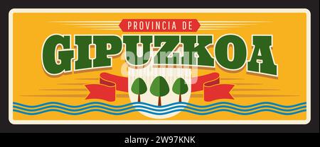 Spain province of Gipuzkoa metal plate and sign, vector welcome tagline, trees and red banner. Spanish city entry tin sign with landmark symbol and flag emblem. Autonomous community of Basque Country Stock Vector