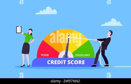 Man pushes credit score arrow gauge speedometer indicator with color levels. Measurement from poor to excellent rating for credit or mortgage loans co Stock Vector