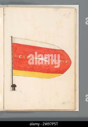 Flag of a North African state, Anonymous, 1667 - 1670 drawing Flag of a North African Islamic State. Red flag with a narrow strip in white and yellow upstairs and below, with a two -pointed warp between the left four and six half -moons on the right, with a rounded flight side. Flag on flagsteng and mast foot. Shown on folio 132r. Part of a flag book with flags from Europe, North Africa, Near and Far East. France paper. ink. watercolor (paint) pen / brush flag, colours (as symbol of the state, etc.) North Africa Stock Photo