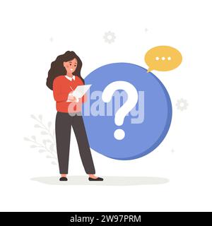 FAQ concept. Woman with question mark search for answers. Customer support and online help service. Frequently asked questions. Vector illustration in Stock Vector