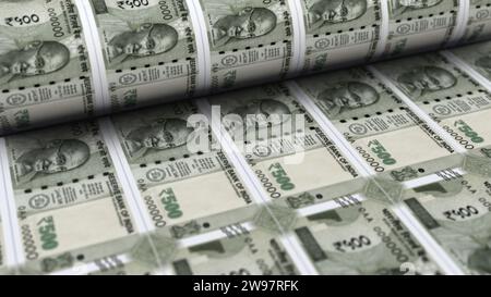 500 rupee banknotes are being printed by currency press machine. process of indian money printing, concept of finance business economy, 4k render. Stock Photo