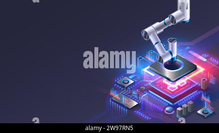 Industrial robot manipulator places electronic components on electronic circuit board on production assembly line. Robot hand holds chip above PCB. AI Stock Vector
