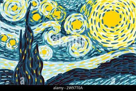 Glowing moon on a blue sky abstract background. hand drawing. Not AI. vector pattern in the style of impressionist paintings. Stock Vector