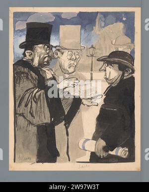 Men on the street, Patricq Kroon, 1920 - 1930 drawing Two gloomy men in high hats on the street in conversation with a priest. Sketch for a political cartoon. Netherlands paper. pencil. ink. watercolor (paint) pen / brush political caricatures and satires. priest (Roman Catholic) Stock Photo