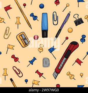 Seamless vector pattern for gift paper and background with office, school stationery and clips. Hand-drawn illustration Stock Vector
