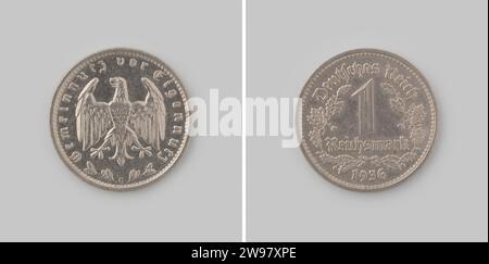 Reichsmark from Germany, Third Reich, 1936 ,, 1936 coin Nickel. Front: ankle -head eagle to the left. Letter g below. Reverse: Within two bound oak branches value designation in two lines. Year at the bottom. Edge decoration. Karlsruhe nickel (metal) striking (metalworking) Stock Photo