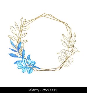 Eucalyptus line art, gold glitter and blue watercolor leaves geometry frame for card or invitation, vector illustration, isolate on white background. Stock Vector