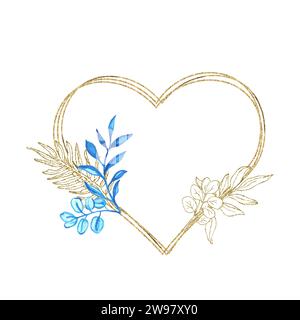 Eucalyptus line art, gold glitter and blue watercolor leaves hearts frame for card or invitation, vector illustration for Valentines day, isolate on w Stock Vector