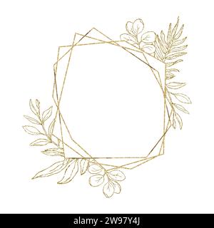 Eucalyptus line art, gold glitter geometry leaves frame for card or invitation, vector illustration, isolate on white background. Stock Vector