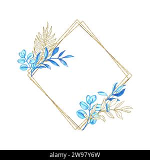 Eucalyptus line art, gold glitter and blue watercolor leaves geometry frame for card or invitation, vector illustration, isolate on white background. Stock Vector