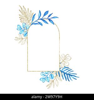 Eucalyptus line art, gold glitter and blue watercolor leaves boho frame for card or invitation, vector illustration, isolate on white background. Stock Vector