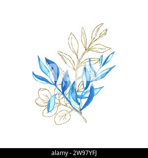 Botany bouquet with glitter line art and watercolor leaves for design of card or invitations. Vector floral illustration, isolate on white background. Stock Vector