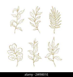 Palm and eucalyptus leaves outline, gold glitter simple hand drawn vector illustration set, isolate on white background Stock Vector