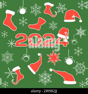 New Year 2024. Elements for greeting card, stickers and print. Santa Claus hat and socks for Christmas gifts. Vector illustration with winter backgrou Stock Vector