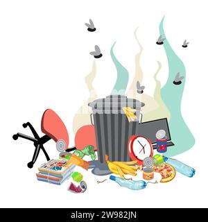 Garbage can with unsorted waste and broken furniture on a white background. Dirty puddle with organic and industrial waste. Vector illustration Stock Vector