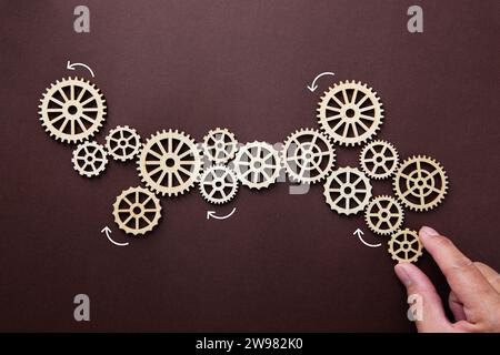 Business process and workflow automation with flowchart. Hand holding wooden cog flowing process management. Stock Photo