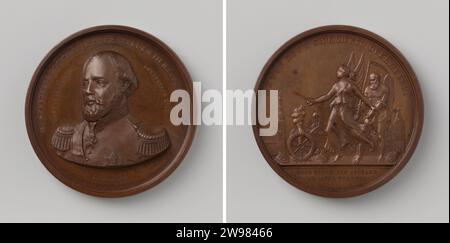 Act on the construction of the State Railways, in honor of William III, King of the Netherlands, Moses de Vries, 1864 history medal Bronze medal. Front: breastpiece man inside two -way display. Reverse: winged woman with arrow in hand and bird on head, representing speed, grasp winged time with scythe and snerger in hands, with arm; for her smoking wheel; Based three crowned coats of arms; In the background Martini tower in Groningen, Palace on Dam in Amsterdam and Janskerk in Den Bosch within Verplus; Cut: Inscription Amsterdam bronze (metal) striking (metalworking)  Dam. Sint-Jans Cathedral. Stock Photo