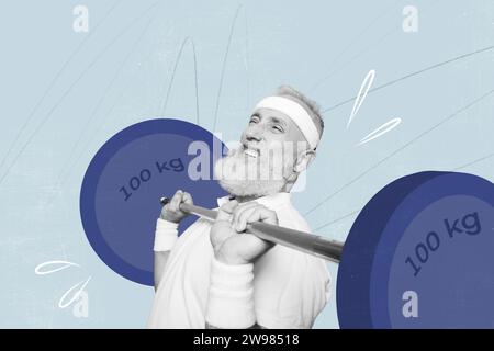 Collage image picture of strong sporty man coach lifting heavy barbell 100 kg isolated on creative background Stock Photo