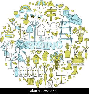 Hand-Drawn Vector Set Of Doodles On A Spring Theme, Featuring Flowers, Garden Tools, And Birdhouses Stock Vector