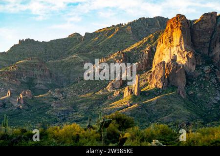 A scenic view of Superstition Mountains at Sunrise in the Tonto National Forest, Arizona Desert Stock Photo