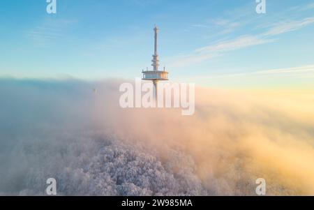 Communication tower on the mountain with the low hanging clouds over the snow covered forest in the beautiful evening light Stock Photo