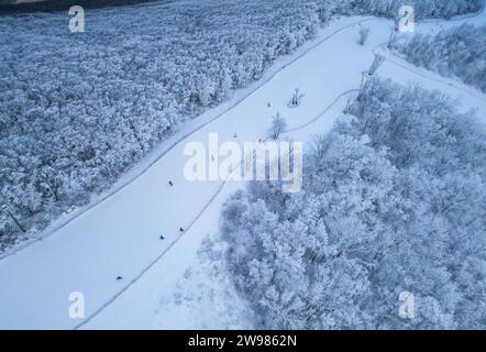 (231225) -- JILIN, Dec. 25, 2023 (Xinhua) -- This aerial photo taken on Nov. 29, 2023, shows skiers practicing at Lake Songhua Resort in Jilin City, northeast China's Jilin Province.  As winter falls, the Swiss town of Zermatt and China's Jilin entered their peak season for tourists.    Thanks to the landscape that overlooked by the Matterhorn Mountain, one of the natural symbols of Switzerland in the Alps, Zermatt attracts masses of worldwide winter-lovers. Based on winter activities, a full chain of tourism industry has been built in Zermatt, including catering, shopping, hiking, accommodati Stock Photo