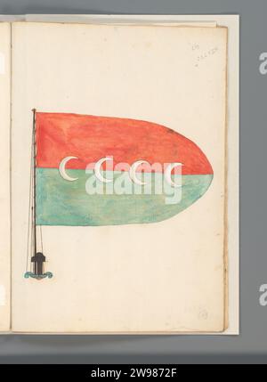 Flag of Istanbul, Anonymous, 1667 - 1670 drawing Flag (possibly) from Istanbul. Flag with two horizontal lanes in red and green on which four half -moons, with a rounded flight side. Flag on flagsteng and mast foot. Shown on folio 135r. Part of a flag book with flags from Europe, North Africa, Near and Far East. France paper. ink. watercolor (paint) pen / brush flag, colours (as symbol of the state, etc.) Istanbul Stock Photo