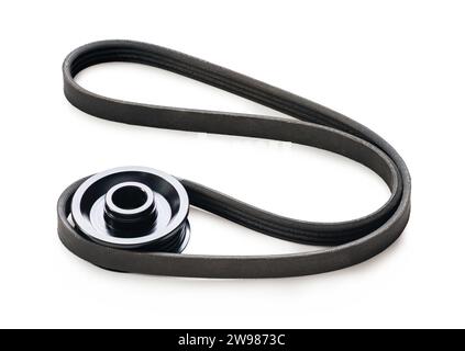 car belt and pulley for generator, starter on white isolated background Stock Photo