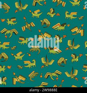 Cute little dragons with fire flying seamless vector pattern for textile and decoration Stock Vector