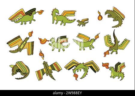 Cute little dragons with fire flying vector illustartions set for textile and decoration Stock Vector