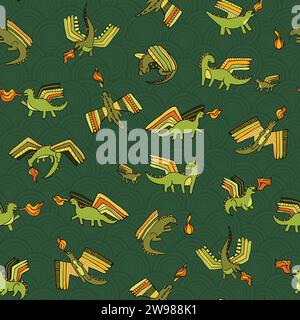 Cute little dragons with fire flying seamless vector pattern for textile and decoration Stock Vector