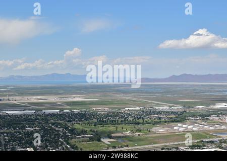 View of the layout of Salt Lake City International Airport with the mountains and the Great Salt Lake in the background Stock Photo