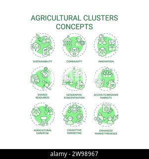 Editable green icons set representing agricultural clusters Stock Vector