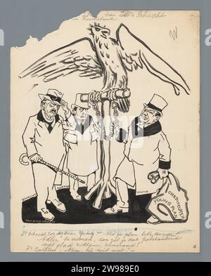 Cartoon on the Young Plan, 1929, Patricq Kroon, 1929 drawing The American Owen Young introduces his Young Plan in 1929 to reorganize Germany's reparations. Three bankers standing with the chained German eagle (Reichsbank). Design for a political cartoon. Netherlands paper. ink pen / brush political caricatures and satires. personifications of countries, nations, states, districts, etc. Germany Stock Photo