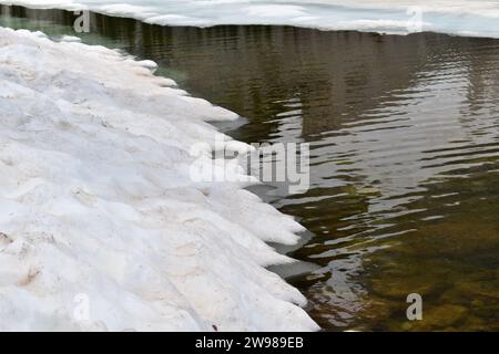 Snow and water edge at Lake Marie in Medicine Bow-Routt National Forest Stock Photo