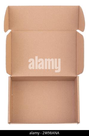 Open empty foldable cardboard box used for storage moving or shipping purposes isolated on a white background Stock Photo