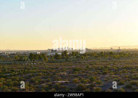 View of the downtown Phoenix skyline during dusk from the top of Hole in the Rock Stock Photo