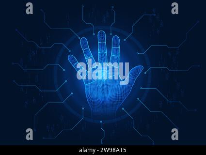 Cybersecurity technology Hands connected to technology circuit Show identification by scanning your handwriting. to access important cyber information Stock Vector