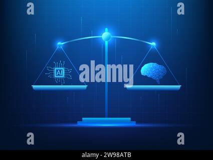 Weighing scale technology artificial intelligence scale with the human brain It shows how AI and the human brain work with similar performance. Stock Vector