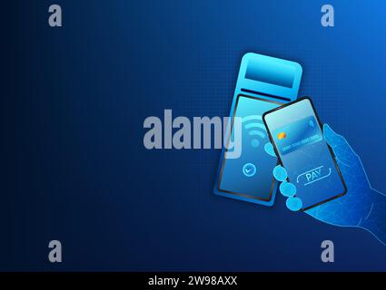 Financial technology A smartphone connected to a credit card to scan payments. Mobile technology that can do financial transactions, pay for goods, on Stock Vector