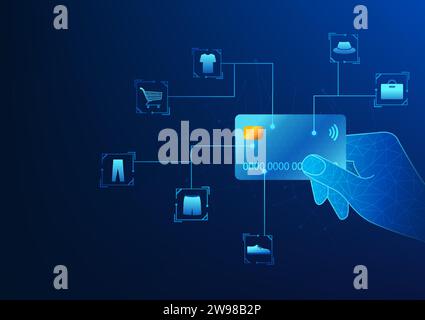 E-commerce financial technology Hand holding credit card with connect icon Shows the use of credit card to pay for products. Buy products online, pay Stock Vector