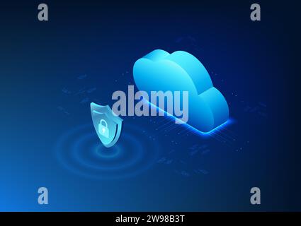 Cloud technology in front of the shield represents the storage of data in the cloud. It is a system that maintains security to prevent data theft. By Stock Vector